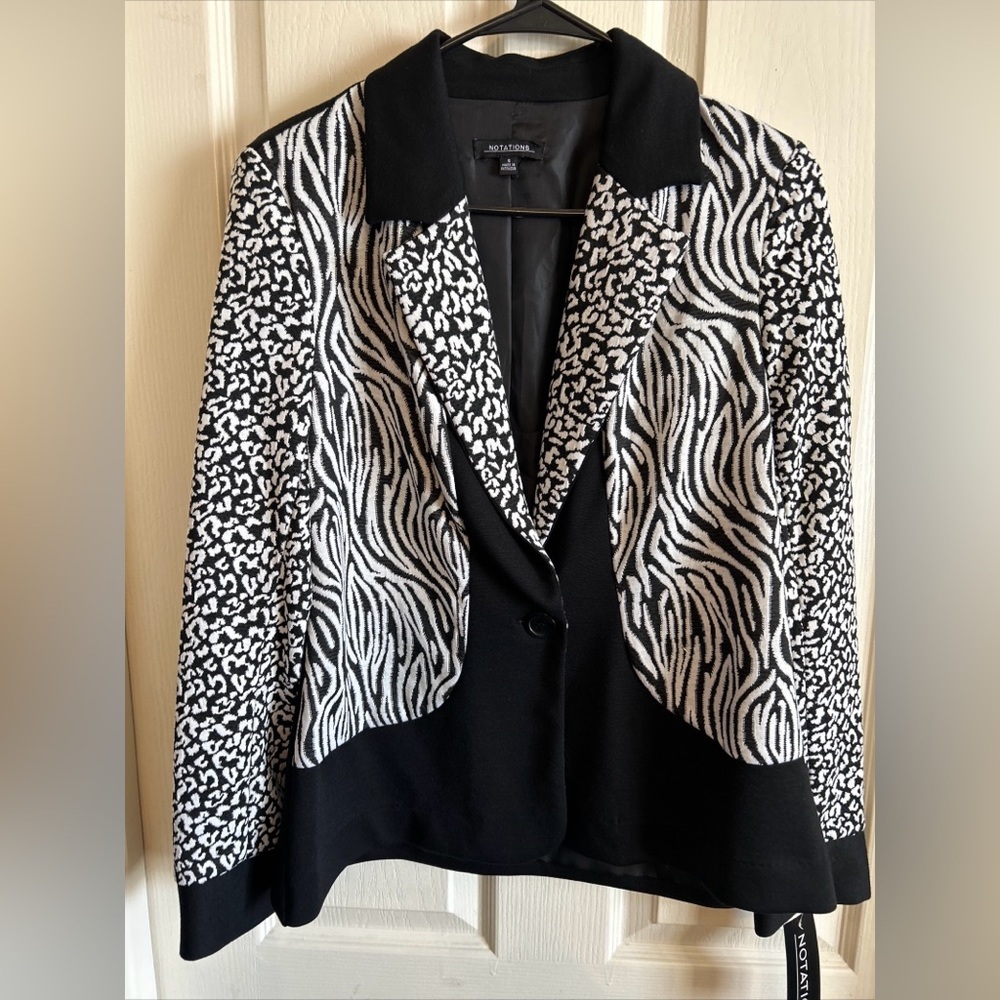 Notations Zebra Leopard Black White Blazer coat Women’s S animal print stretch